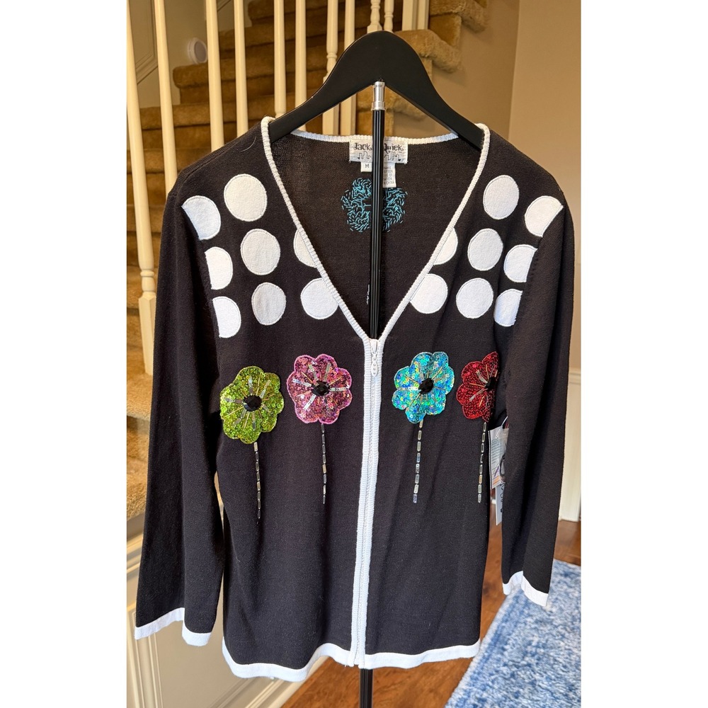 Jack B. Quick Womens Black Sequin Flower Polka Dot Zip Cardigan Sweater M NEW